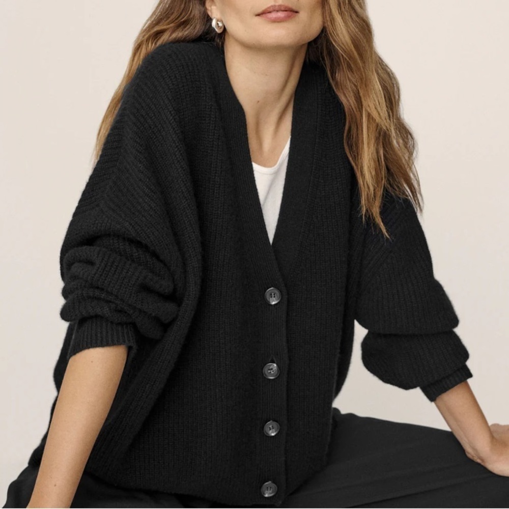 Jenni Kayne Cashmere Cocoon V Neck Button Knit Oversized Cardigan Sweater Black